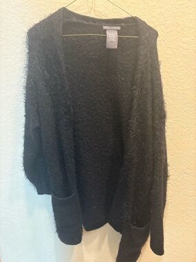 Chelsea & Theodore Black Fuzzy Open Cardigan with Pockets